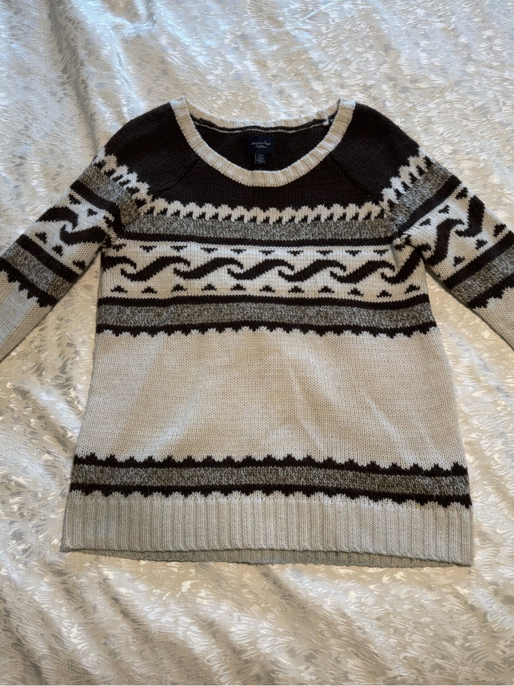 American Eagle Outfitters Cream and Brown Fair Isle Crewneck Sweater